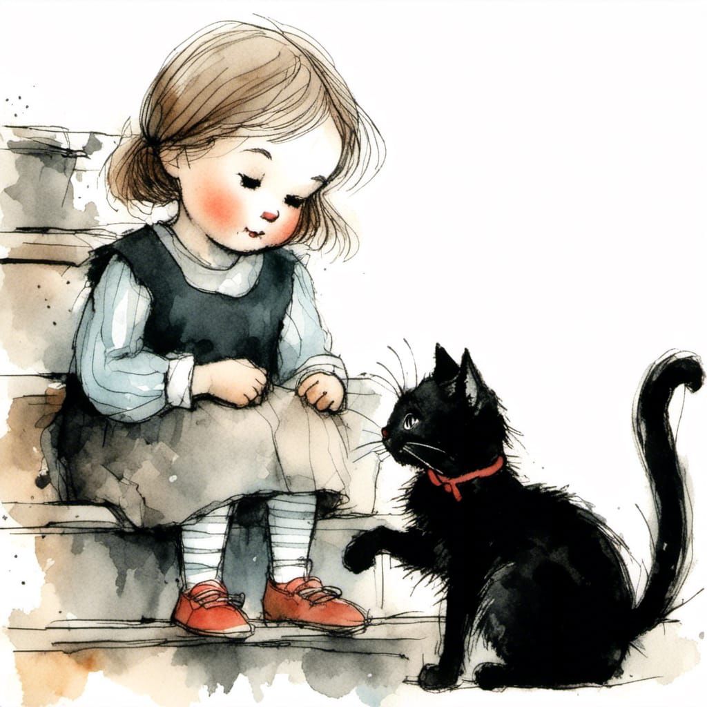 Cozy Scene of a Girl and Her Black Feline Friend in Charcoal...