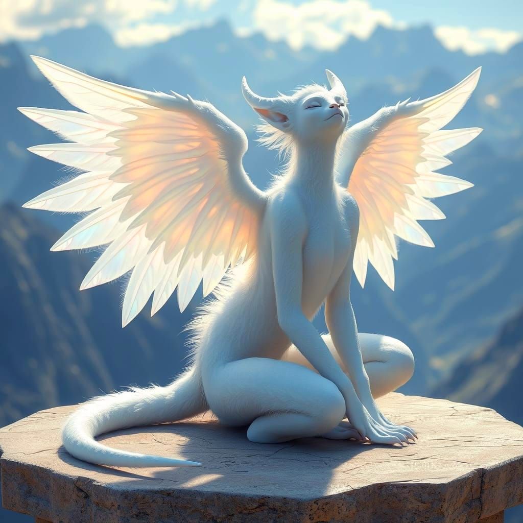 Iridescent Winged Being in Mountain Landscape