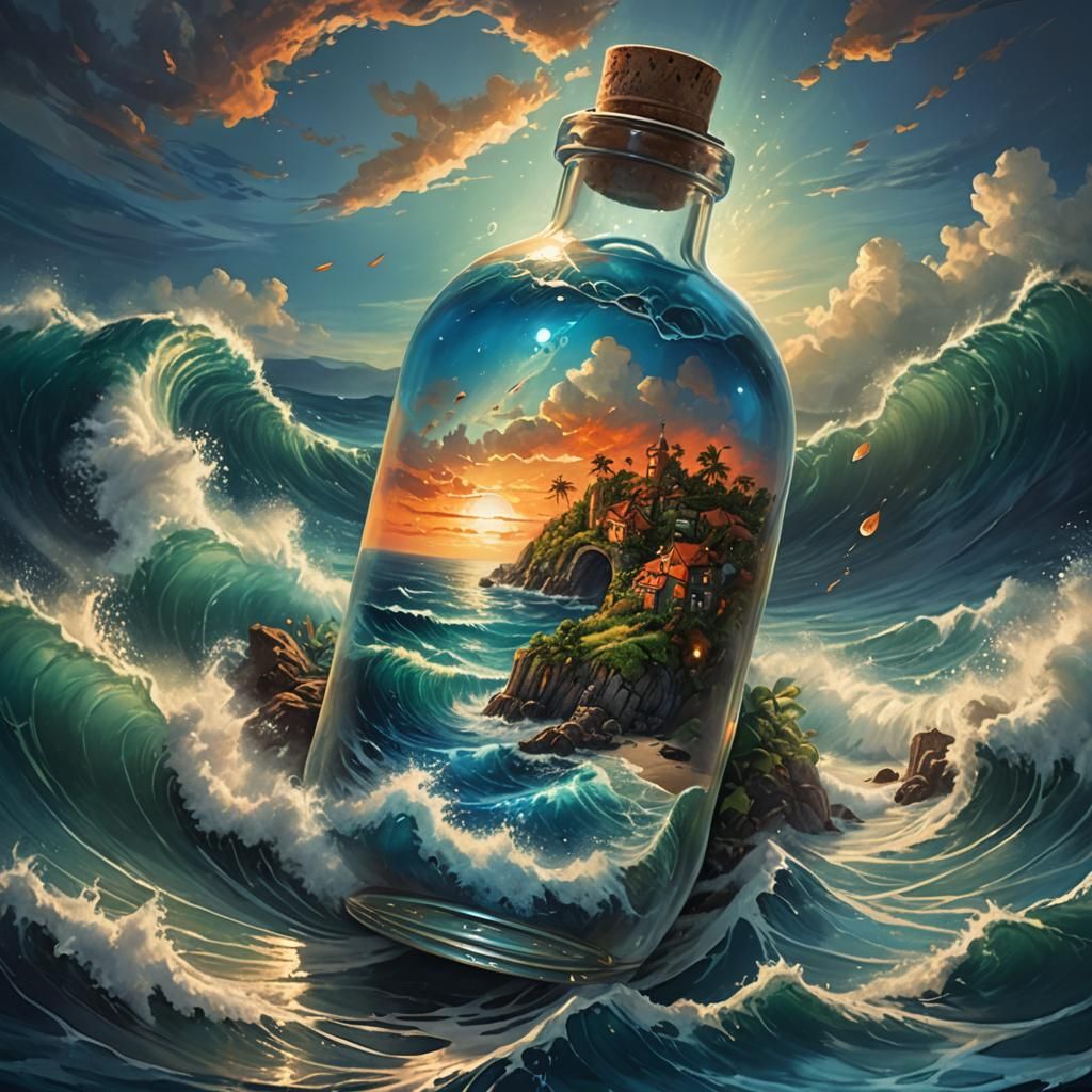 Island in a Bottle Floating on the Sea