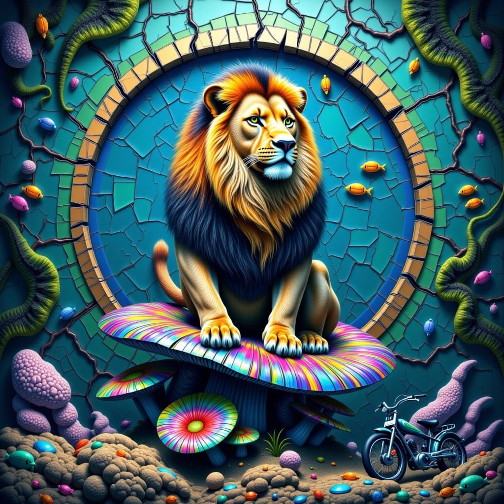 Majestic Lion Mosaic on Iridescent Mushroom
