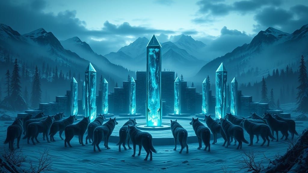 Wolf Pack Surrounds Crystalline Obelisks in Dark Fantasy Sty...