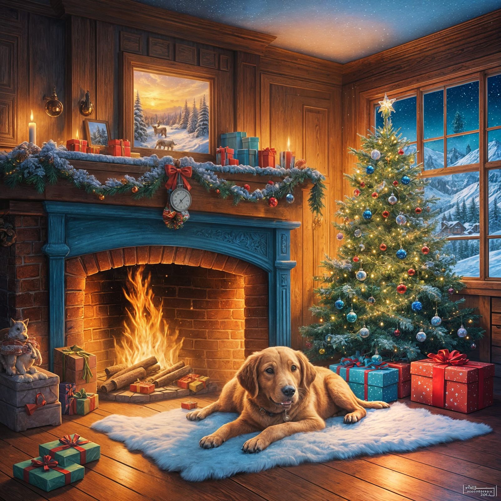 Cozy Christmas Scene with Dog and Snowy Landscape
