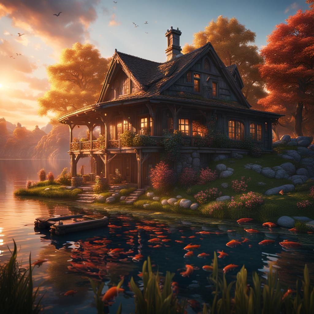 Lake House Sunrise: Detailed Matte Painting