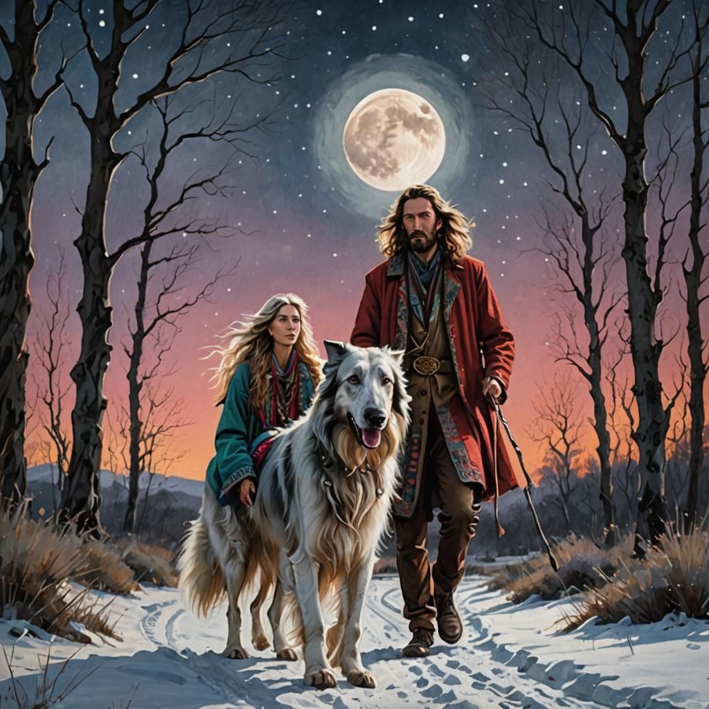 "A Man walking in the wild with his Russian Wolfhound.....