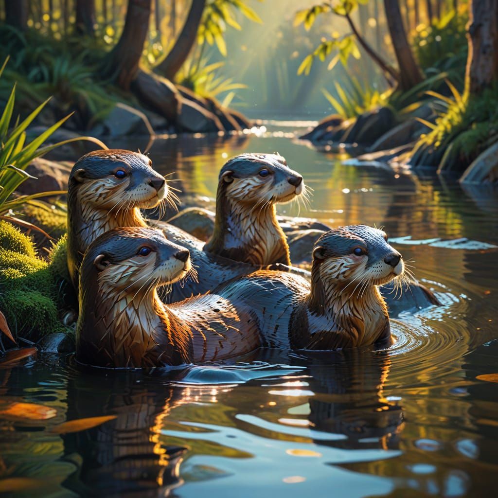 Cubist Otters in Sunny Forest River Landscape