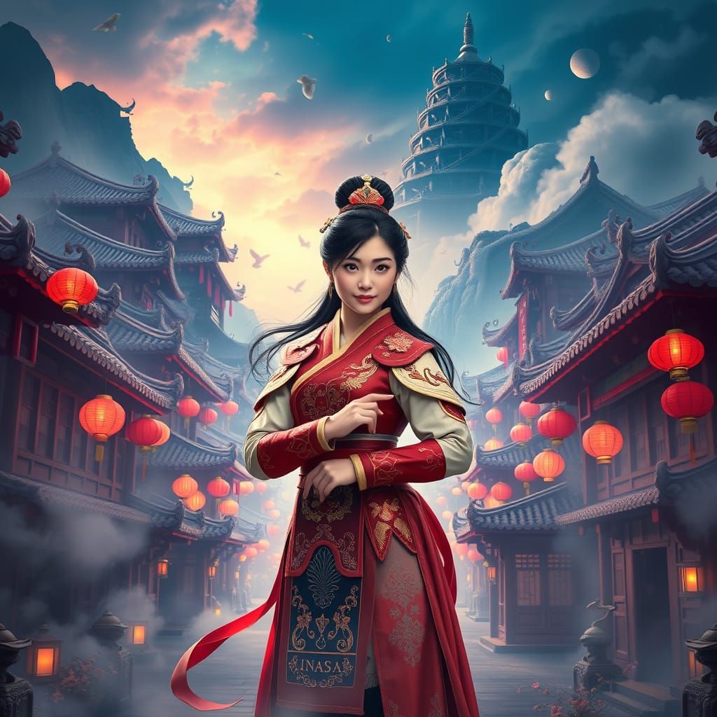 Mulan in Ancient Chinese Cityscape of Wonder