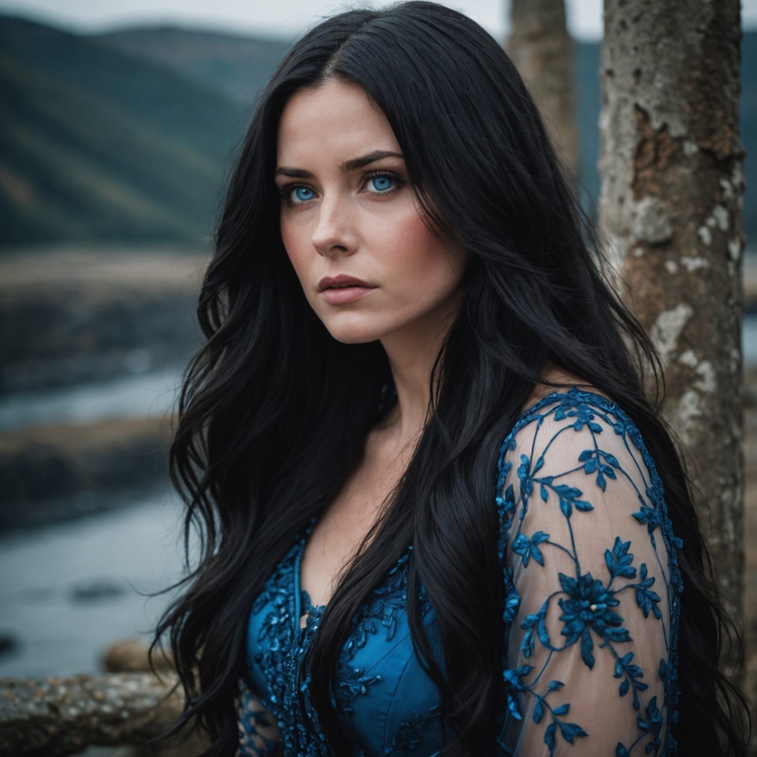 Sad Woman with Long Black Hair and Blue Eyes