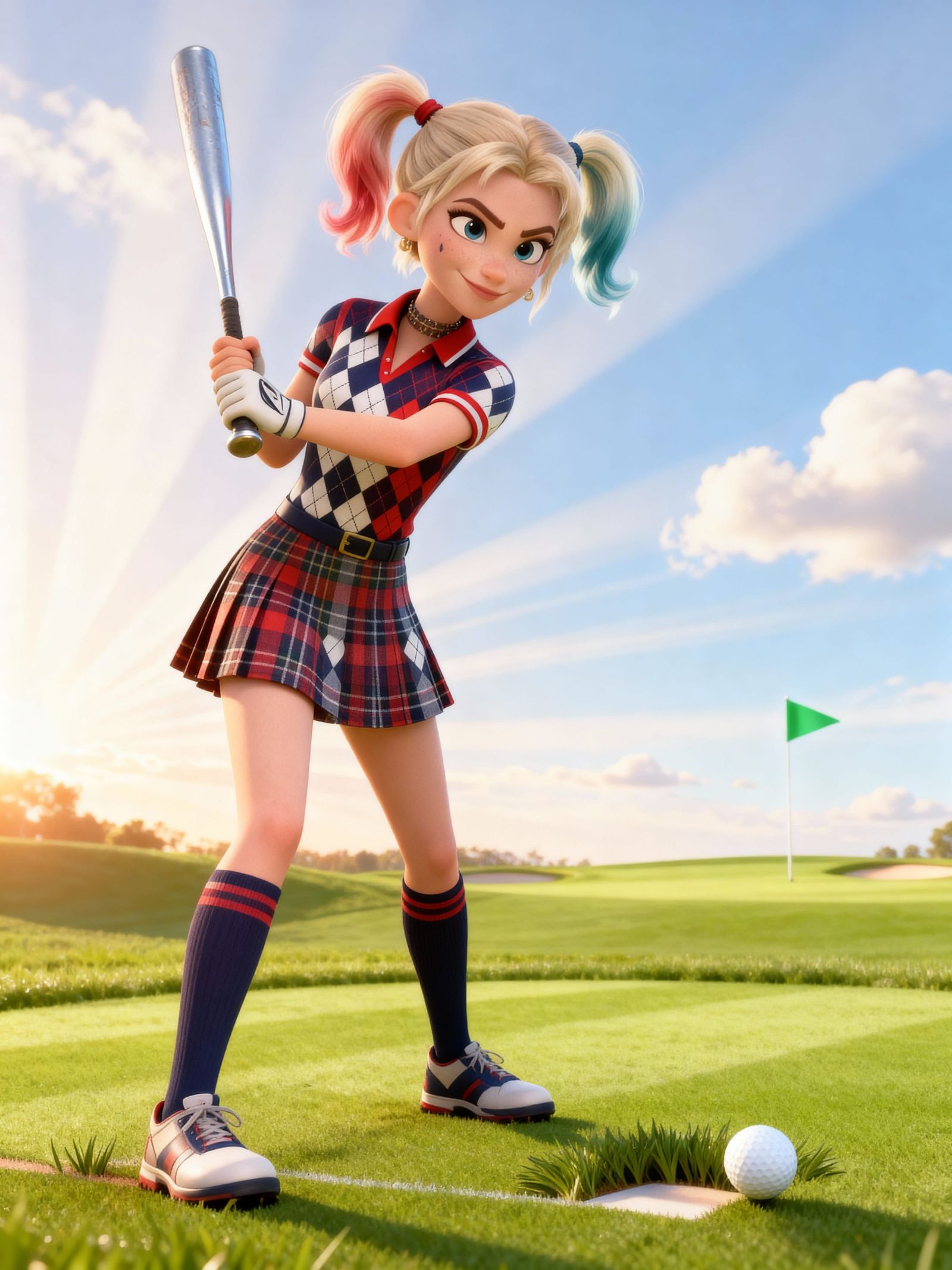 Harley Quinn Golfing with Baseball Bat in Sunny Animation St...