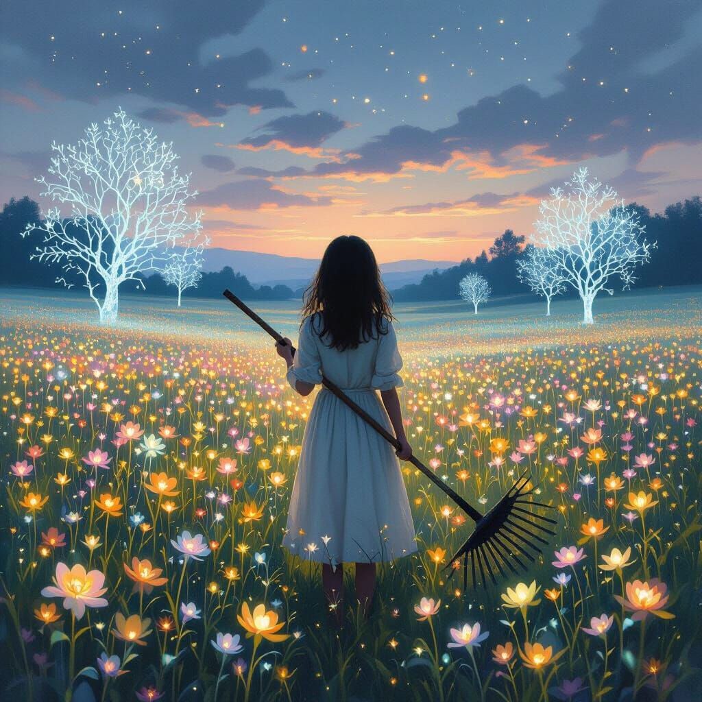 Girl in Bioluminescent Field Under Twilight Sky
