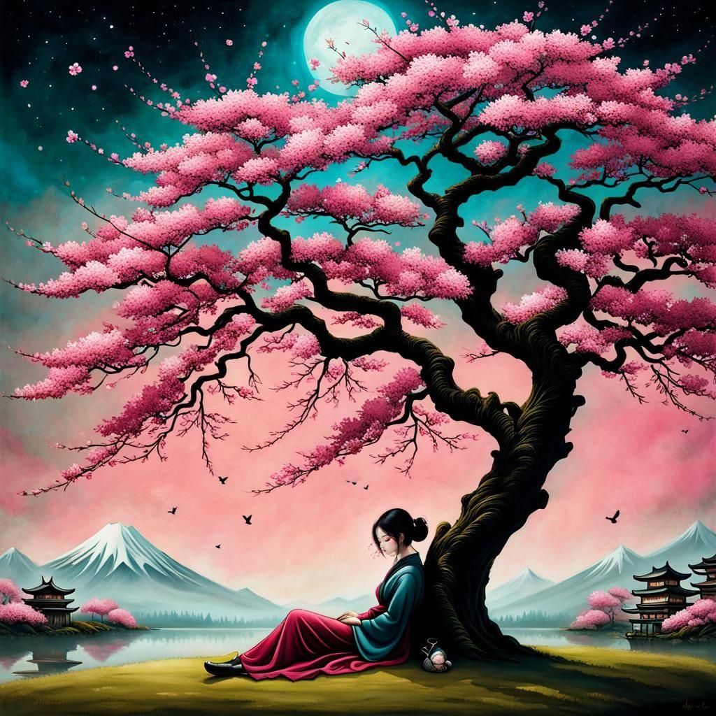 Person Resting Under Cherry Blossom Tree: Surreal Art
