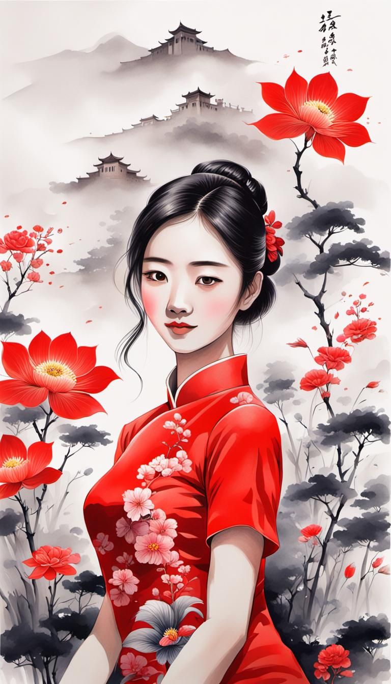 Lady in Cheongsam: A Chinese Ink Painting