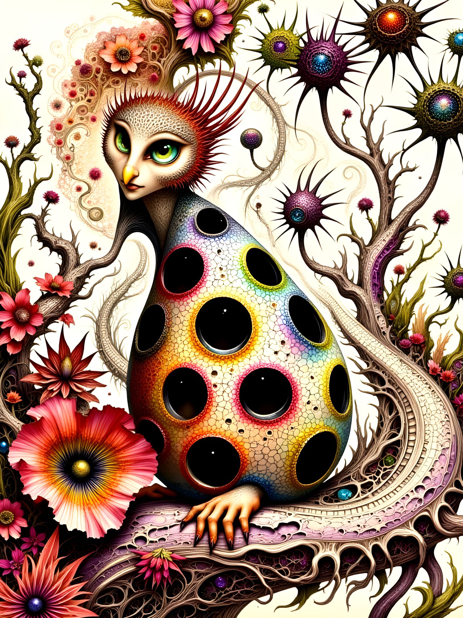 Divine Owl Goddess Nesting in Neon Orchid