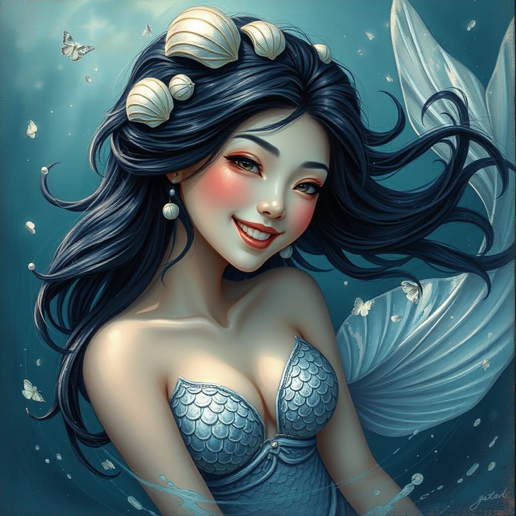 Ethereal Asian Mermaid in Oil Paint and Pastel