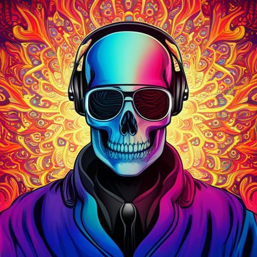 Skeleton DJ in Vivid Neon Abstract Digital Art