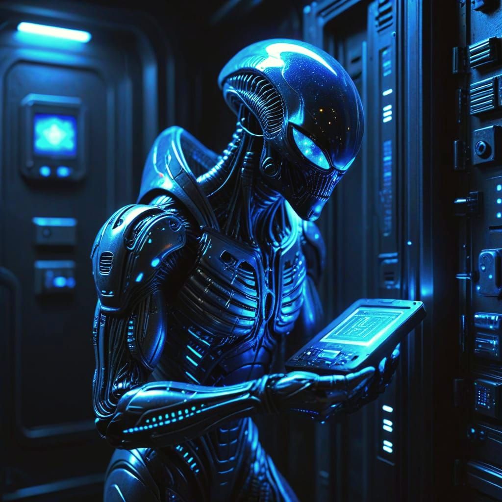 Elegant Alien Agent Cracks High-Tech Vault