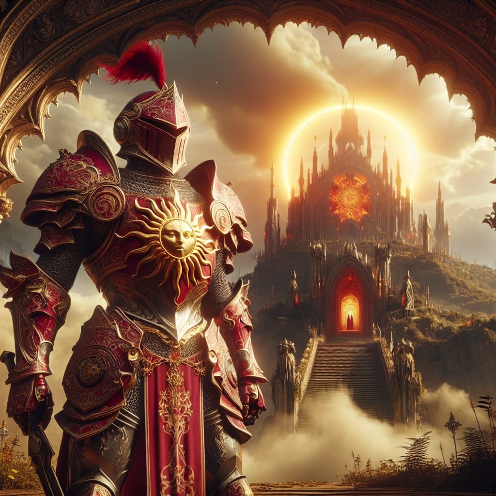 Knight in Radiant Red Armor Stands Vigilant at Grand Shrine