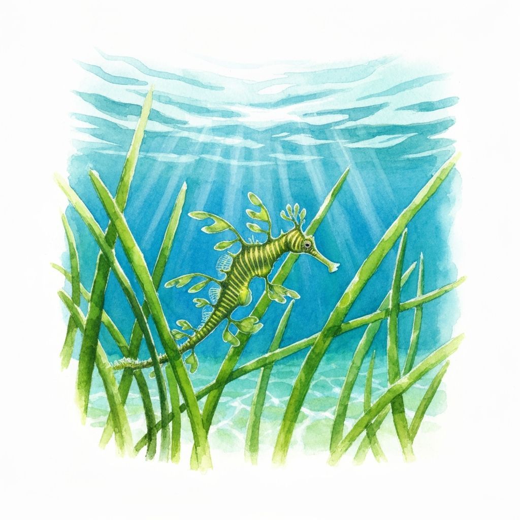 Leafy Seadragon Hiding: Watercolor Gouache Impression