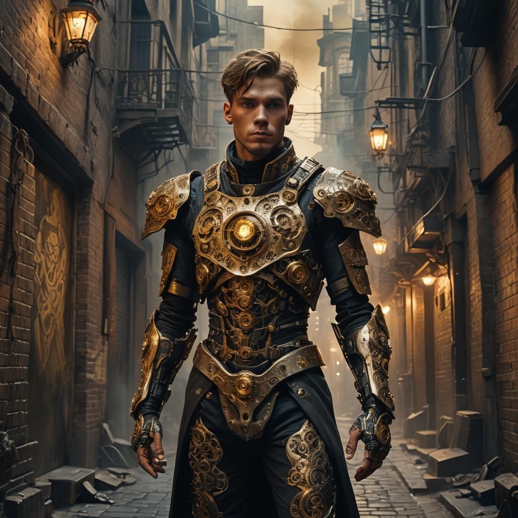 Renaissance Cyborg in Cyberpunk Alleyway