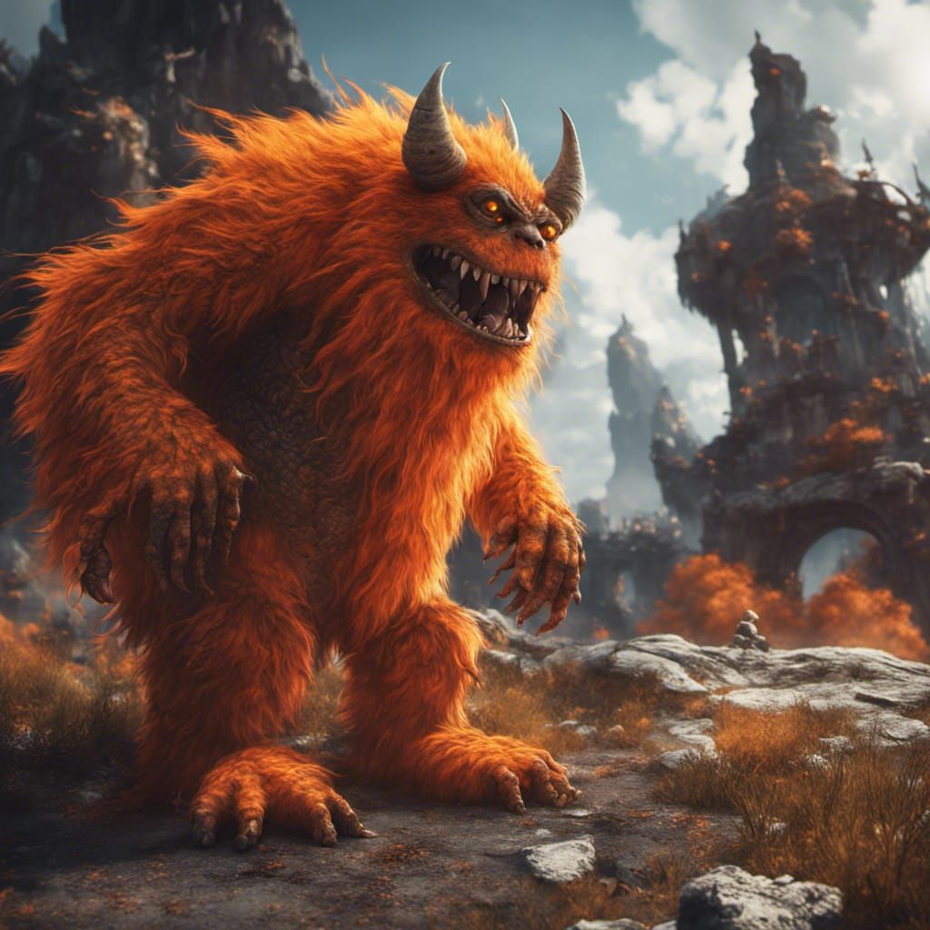 Orange Furry Monster in Detailed Fantasy Art