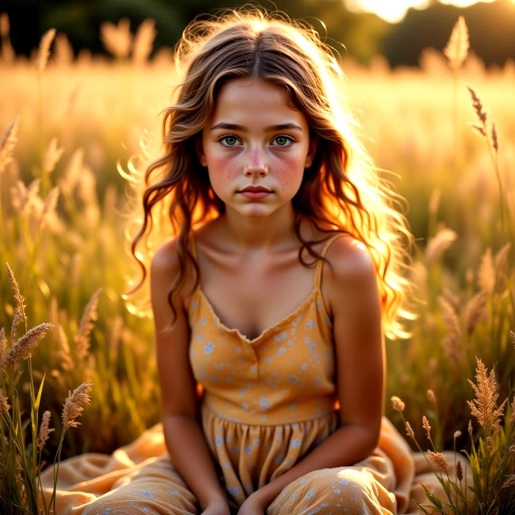 Hyperreal Portrait of Girl in Golden Field
