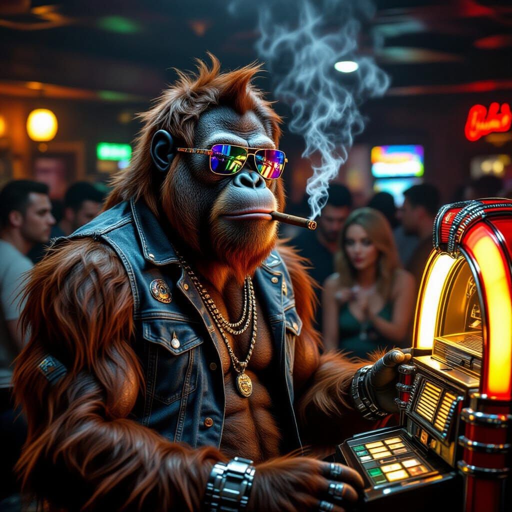 Cyborg Orangutan Biker in Smoky Bar by Jukebox