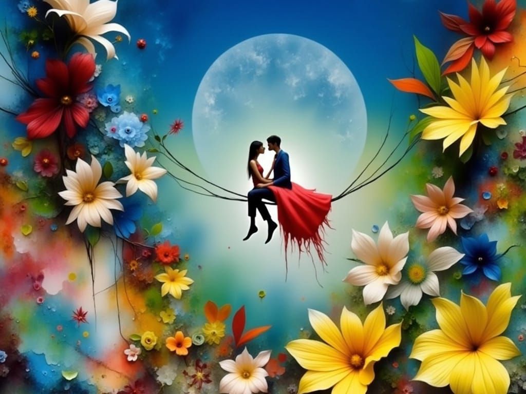 Stylish Couple on a Swing with Rainbow Backdrop