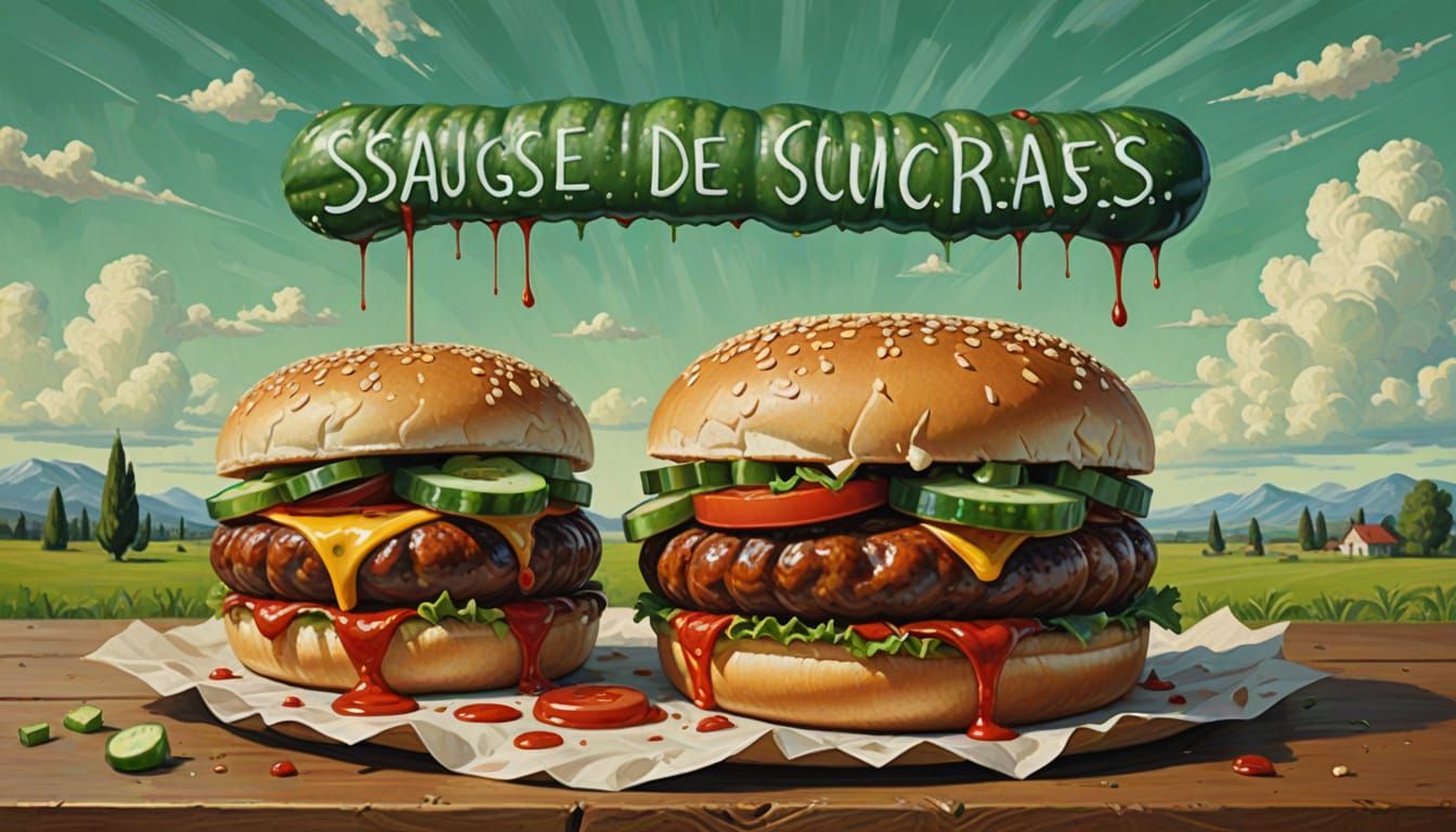 Philosophical Sausage Debate in Comic Oil Painting Style