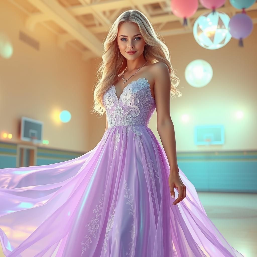A breathtakingly beautiful, blonde girl with porcelain skin and delicate features, wearing a show-stopping, floor-length...