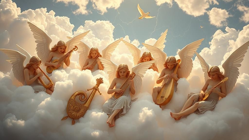 Angels resting on clouds, playing tumbrels, harps, lyres, and horns. Bezaliel is obviously on a restroom break, he left ...