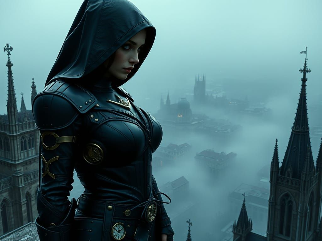 Female Assassin Overlooking City in Surreal Style
