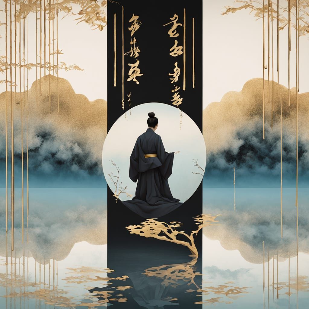 Elegant Monk Abstract Shape in Sumi-e Style