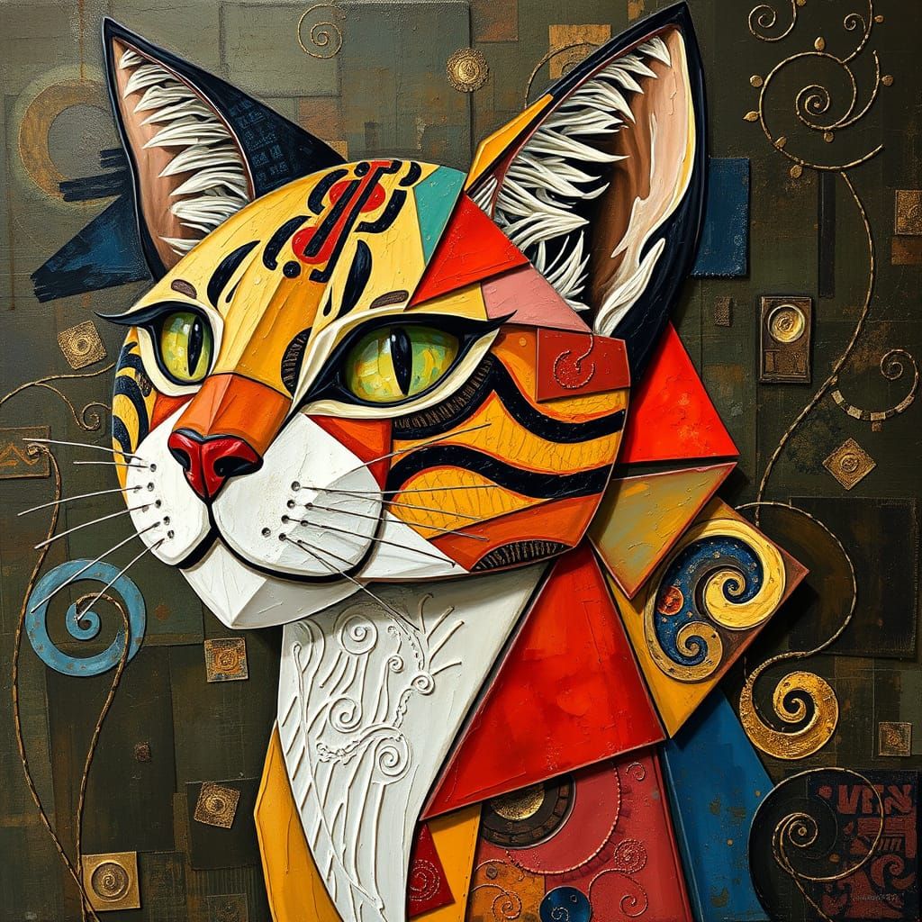 Abstract Cat, Impasto Painting, Cubism, Multimedia Gustav Klimt