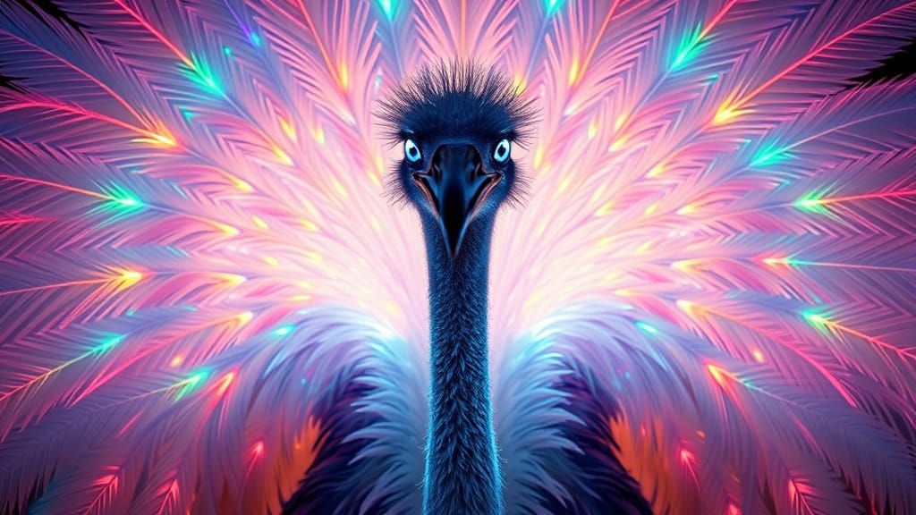 Crystalline Ostrich with Bioluminescent Feathers