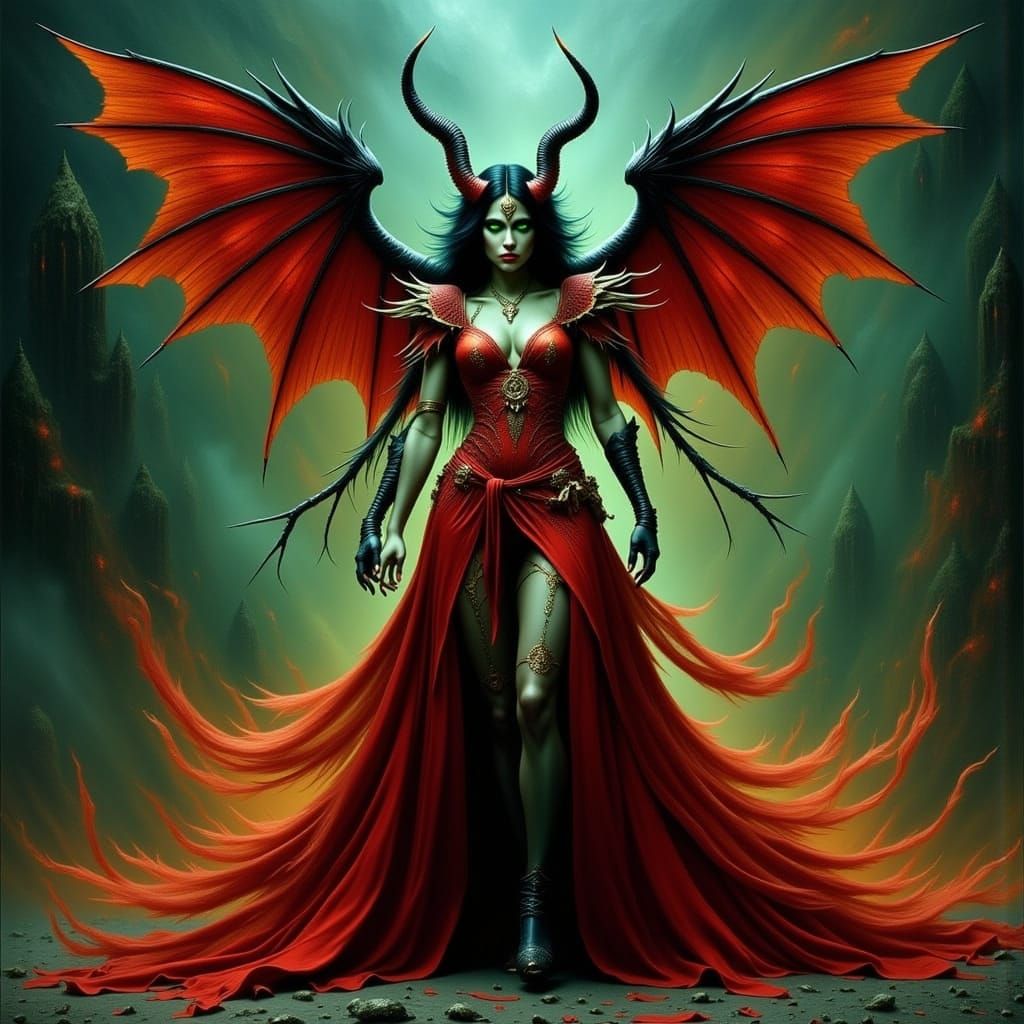 Mystical Demoness with Emerald Eyes and Crimson Dress