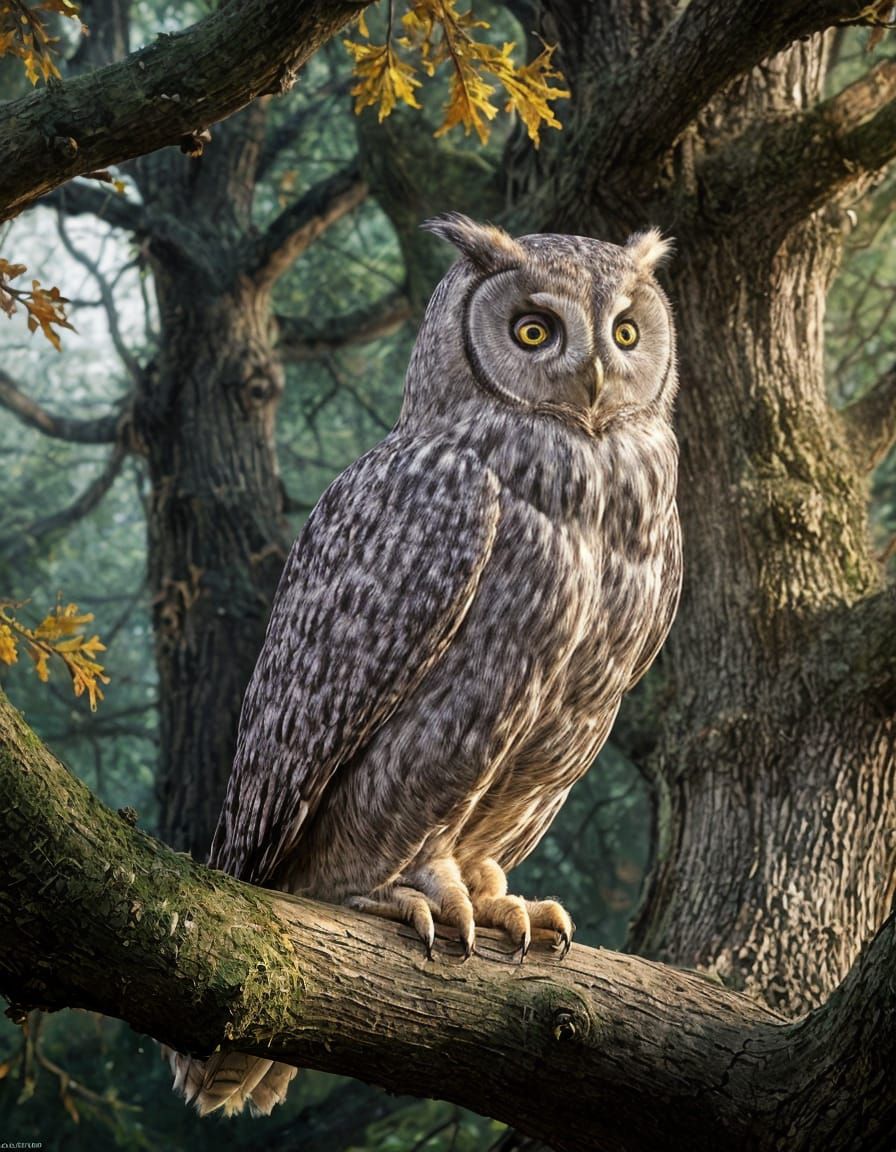 Wise Old Owl Perched in a Majestic Oak Tree