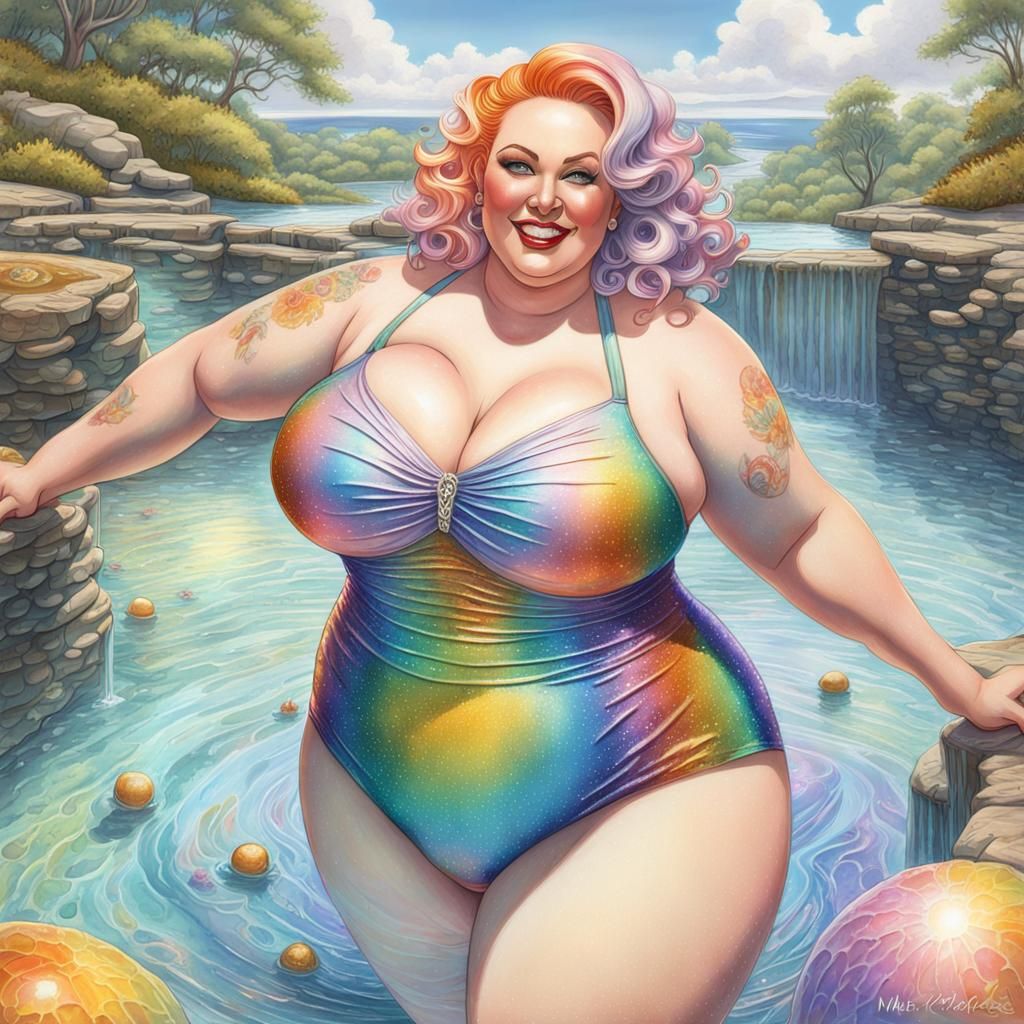 Playful Curvy Woman Enjoying a Glittering Hot Spring