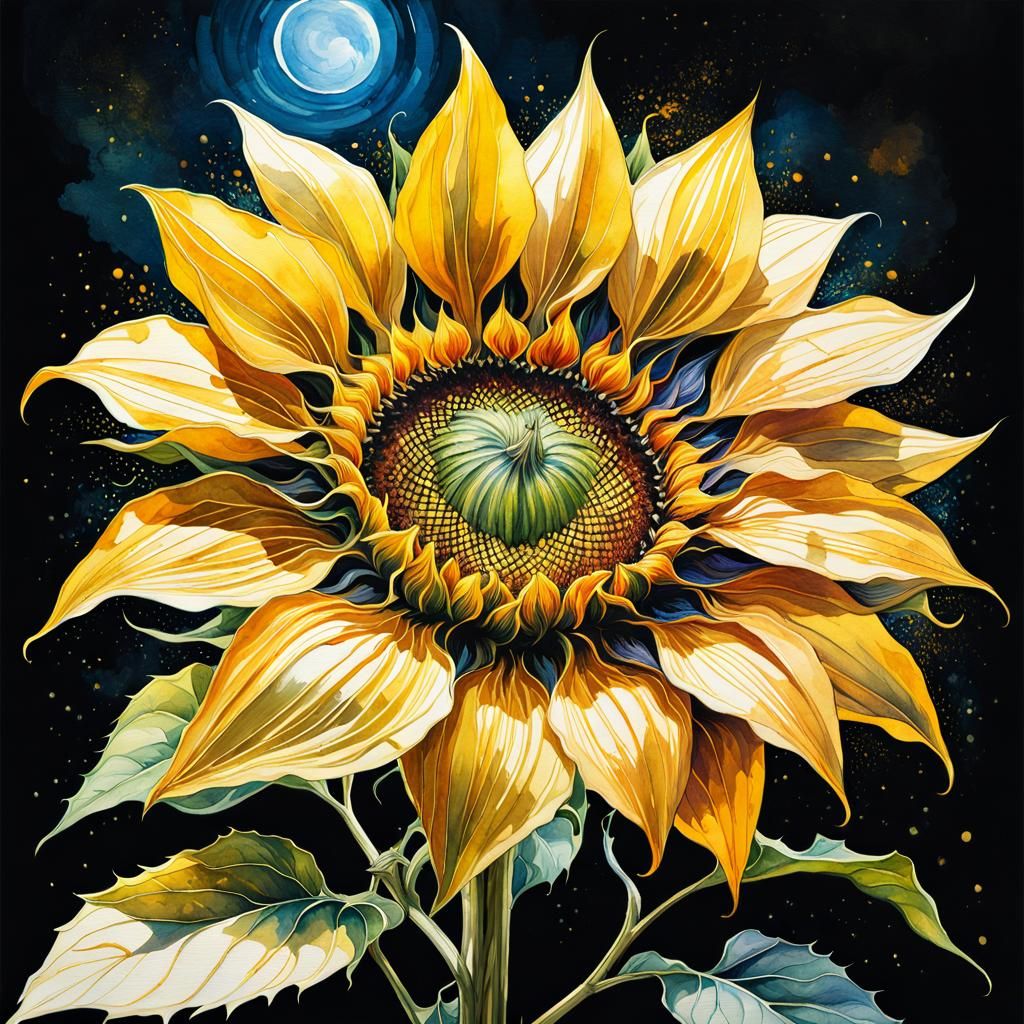 Sunflower Moonflower Watercolor Landscape in Golden Hour