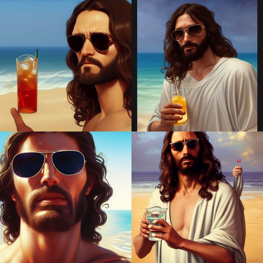 Jesus of Nazareth Portrait on Beach in Art Nouveau Style