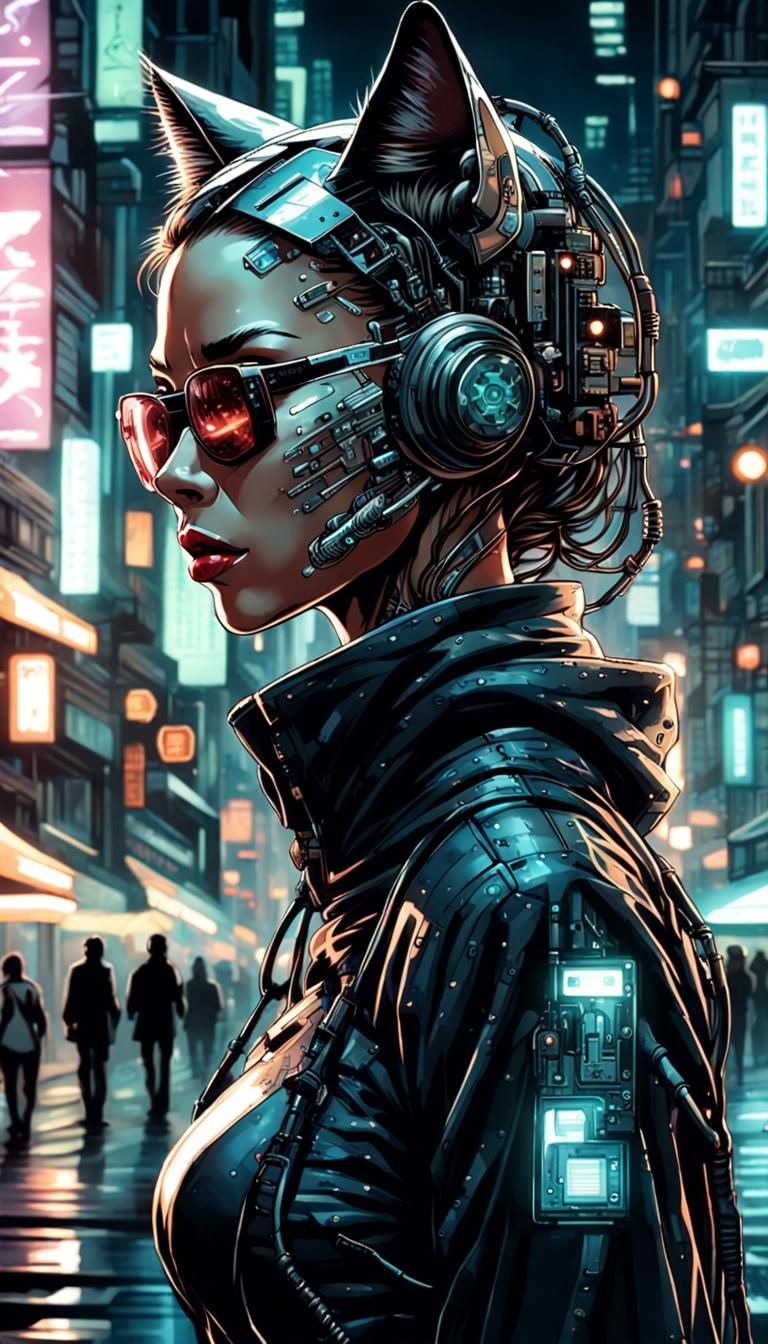 Cat-Eared Cyborg Walks Cyberpunk City Streets