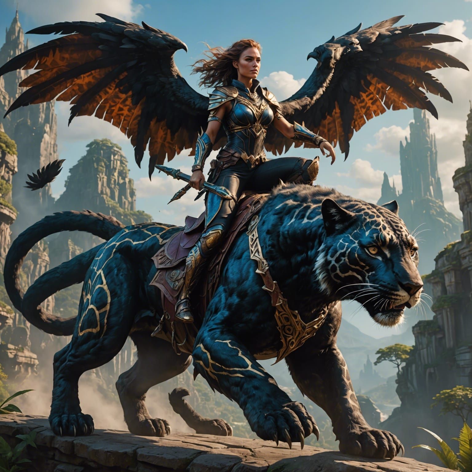 Fantasy Woman Hawk-Panther Rider in Detailed Digital Paintin...