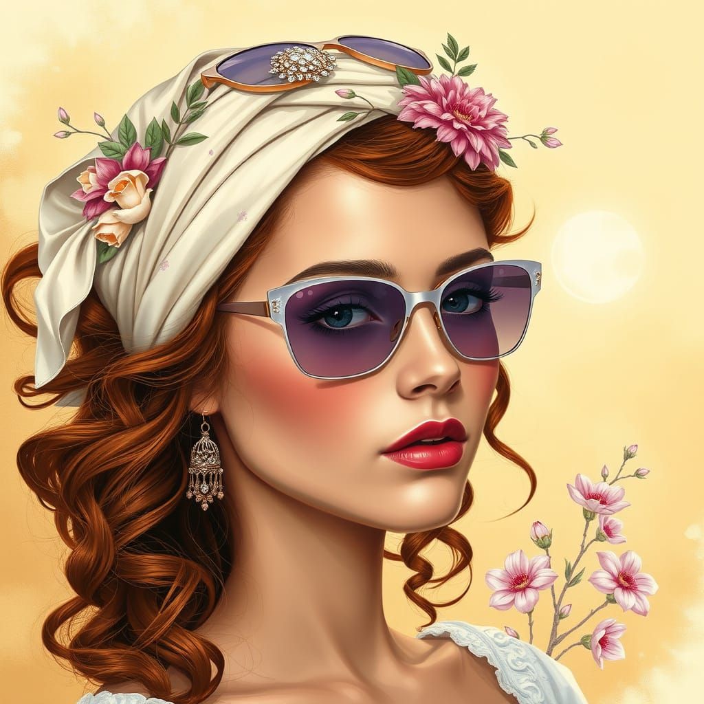 Romantic Girl in Lavender Sunglasses and Elegant Headscarf