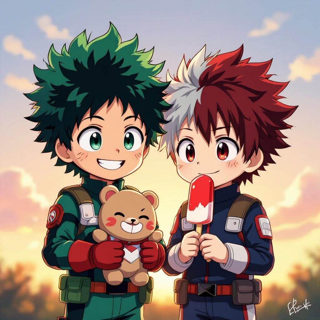 Chibi Anime Duo: Deku and Shoto in Ghibli Style