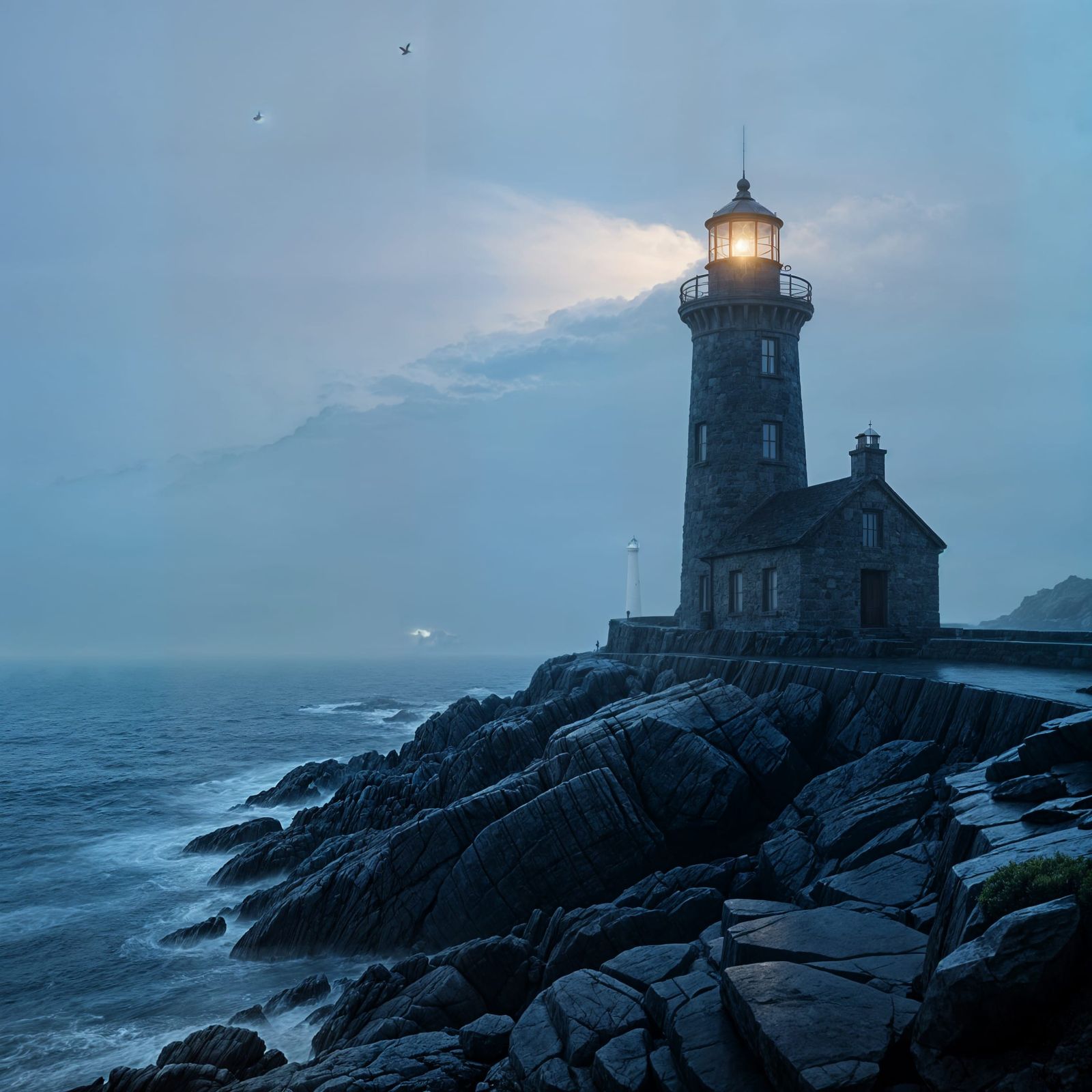 Lighthouse Pierces Fog on Rocky Coast: Hyperrealistic Photo