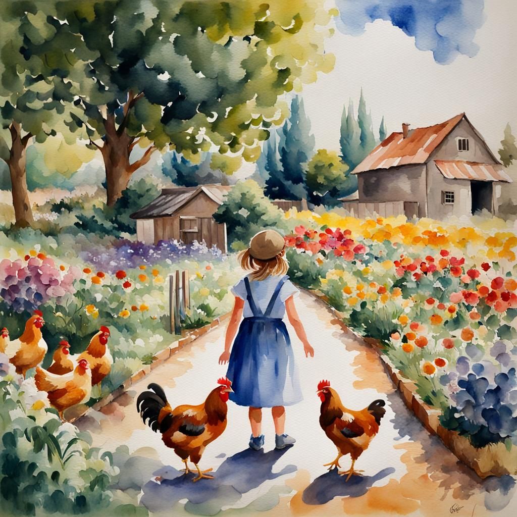 Idyllic Countryside Farm Scene in Watercolor Gouache