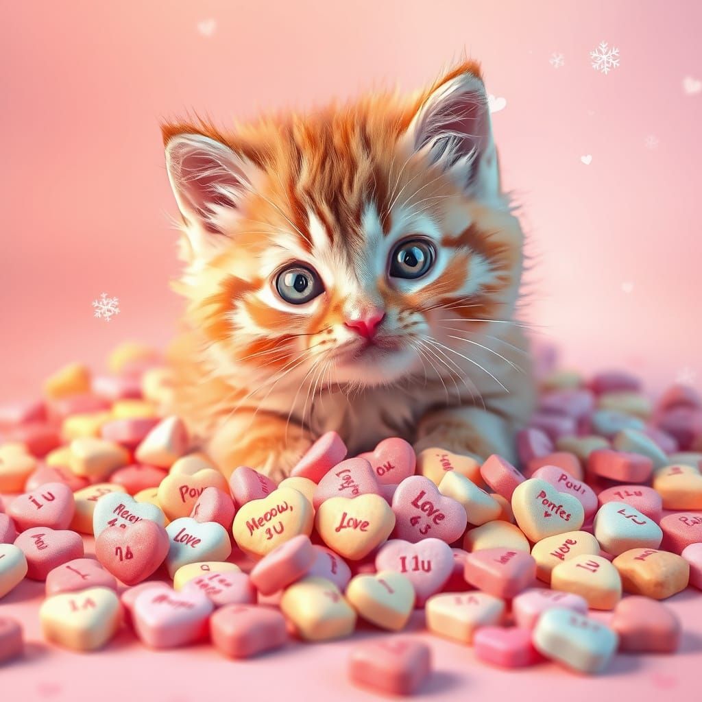 Chubby Kitten Swats at Pastel Candy Hearts in Whimsical Wate...