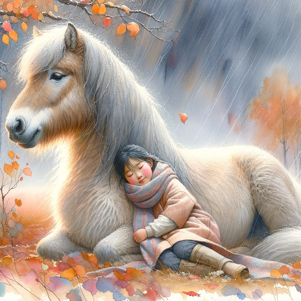 Girl and Horse Snuggle in Rainy Autumn Watercolor