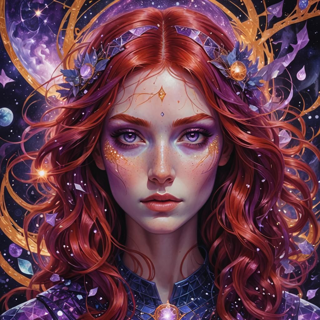Girl with Red Hair Surrounded by Purple Magic