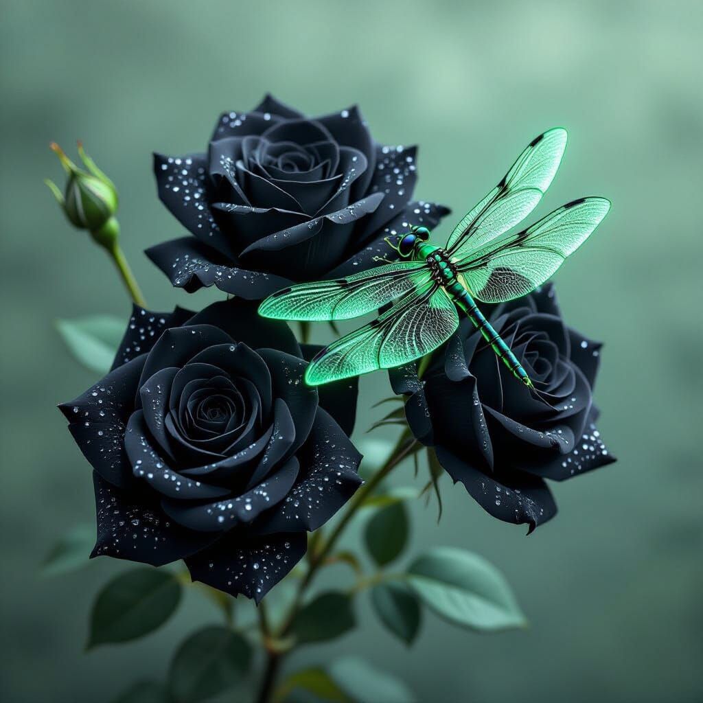 Monochrome Roses and Neon Dragonfly Still Life