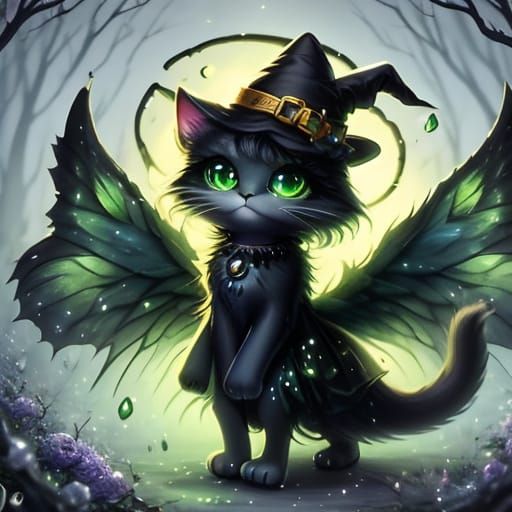 Cute Cat in Witch Hat in Enchanted Forest