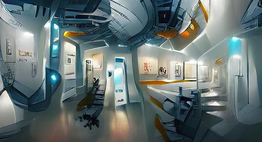 Sci-Fi Office Hallway with Robots Concept Art